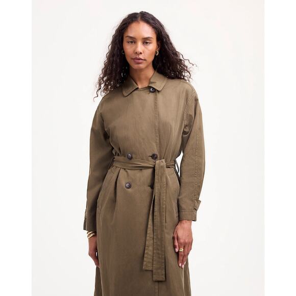 NWT Madewell Women's Belted Trench Coat in Drapey Twill Dark Olive Size XXL - Picture 1 of 16
